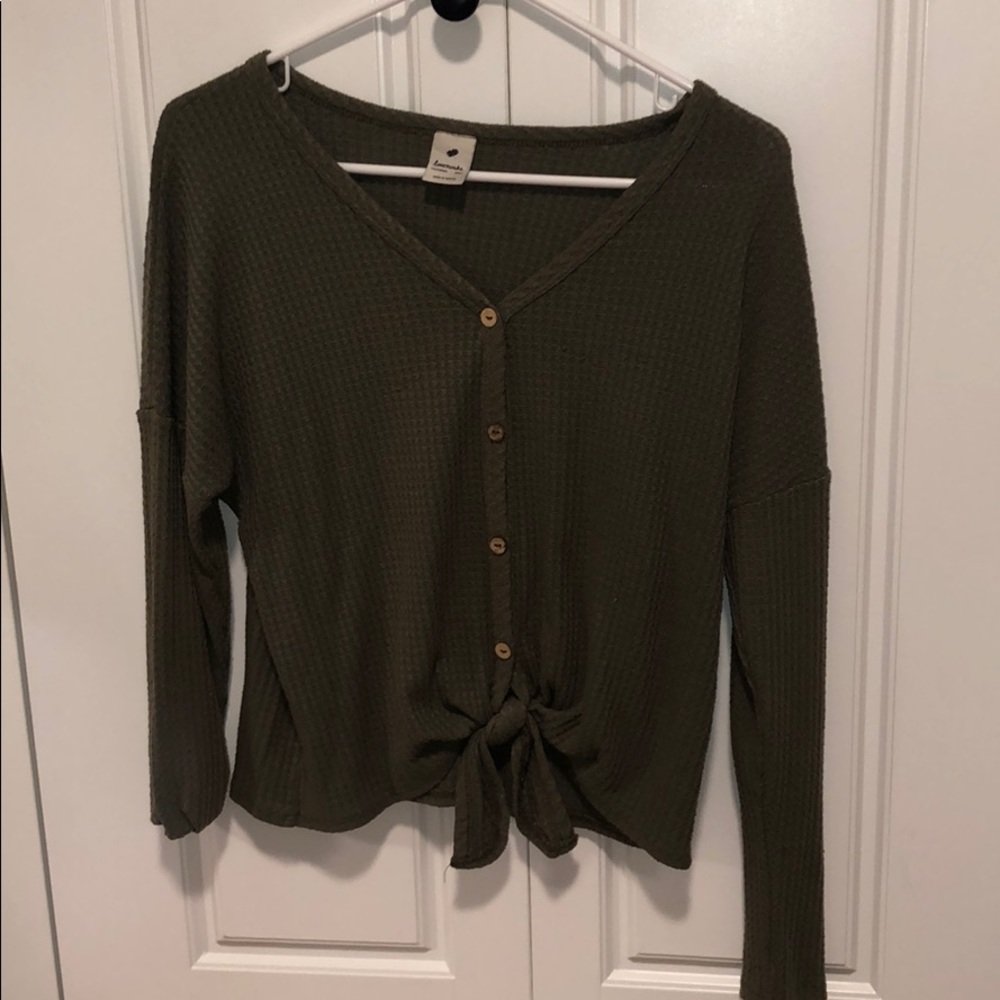 Front tie army green knit sweater
